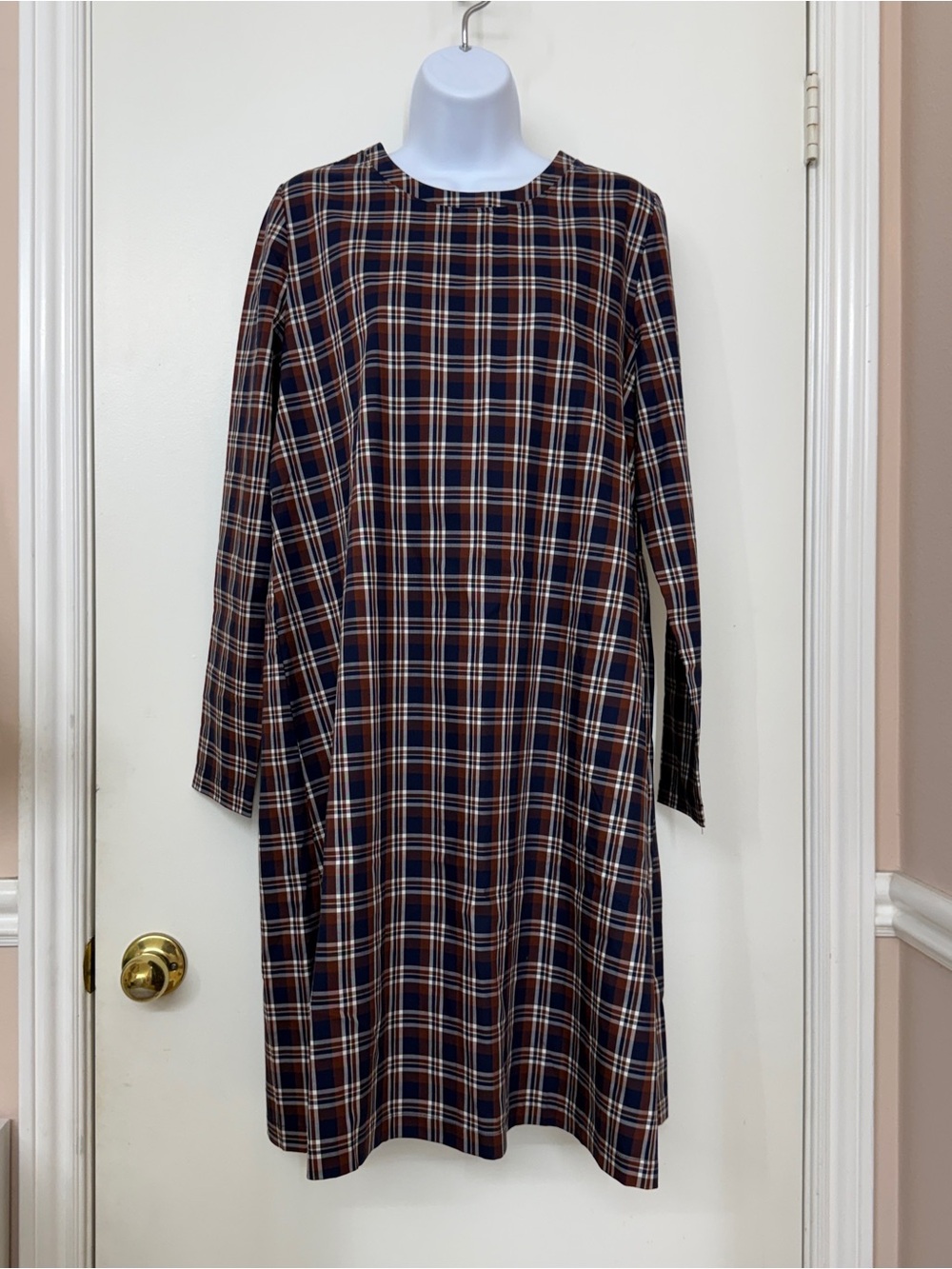 NWT Rose a Pois Plaid Midi Dress 100% Cotton Navy Brown Made in Italy Sz 42 M